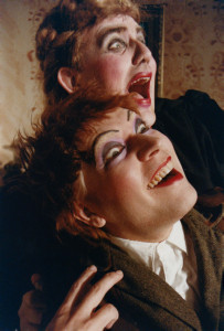 Front to Back: Bryce Jensen as Nicodemus Underwood and Kyle McClaran as Jane Twisden in a scene from "The Mystery of Irma Vep" by Charles Ludlam. Opened June 6, 1986 at Pegasus Theatre. Photo by Ronald J. Blunt. 